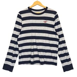 Hollister Long Sleeve Tee XL Navy Grey Stripe Y2K Surf Skate Preppy Logo